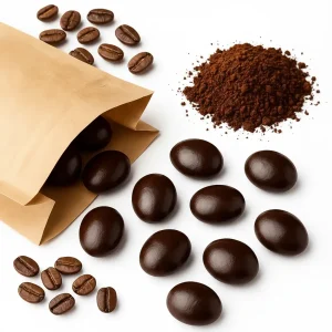 Csokoládéval bevont kávés drazsé közelről, mellettük frissen őrölt kávészemek