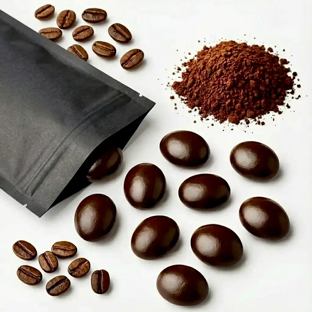 Csokoládéval bevont kávés drazsé, mellettük frissen őrölt kávészemek